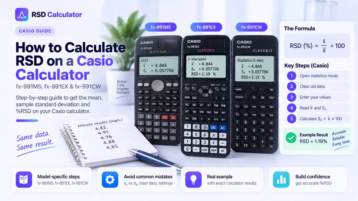 Casio fx-991MS, fx-991EX and fx-991CW calculators showing a mean of 4.844 and sample SD of 0.057706 for five nitrate results, with the RSD formula