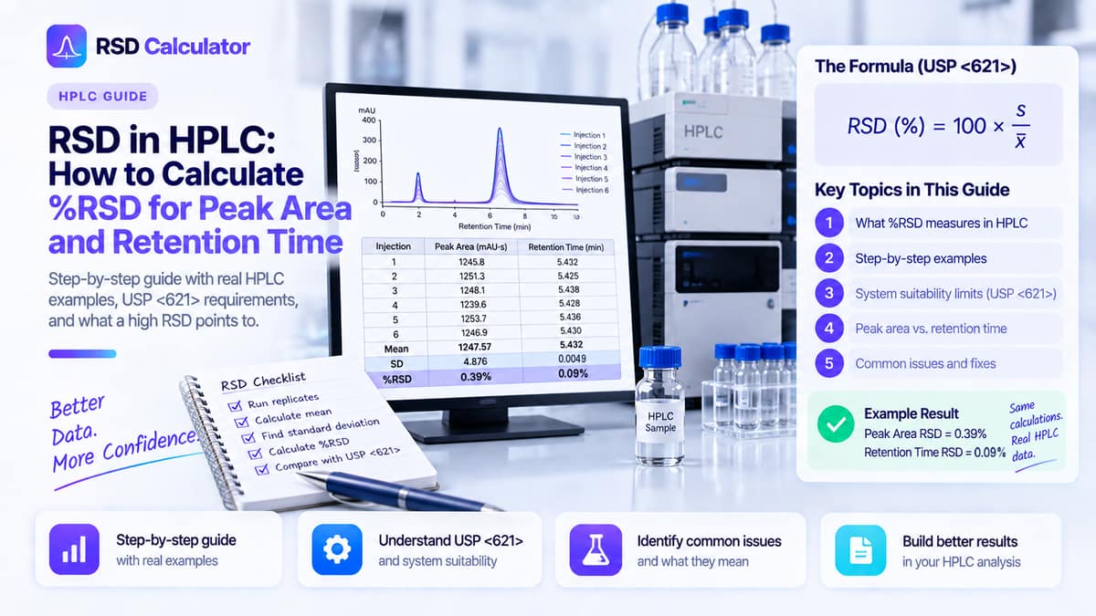 HPLC chromatogram of six overlaid replicate injections with a peak area and retention time table and the %RSD formula