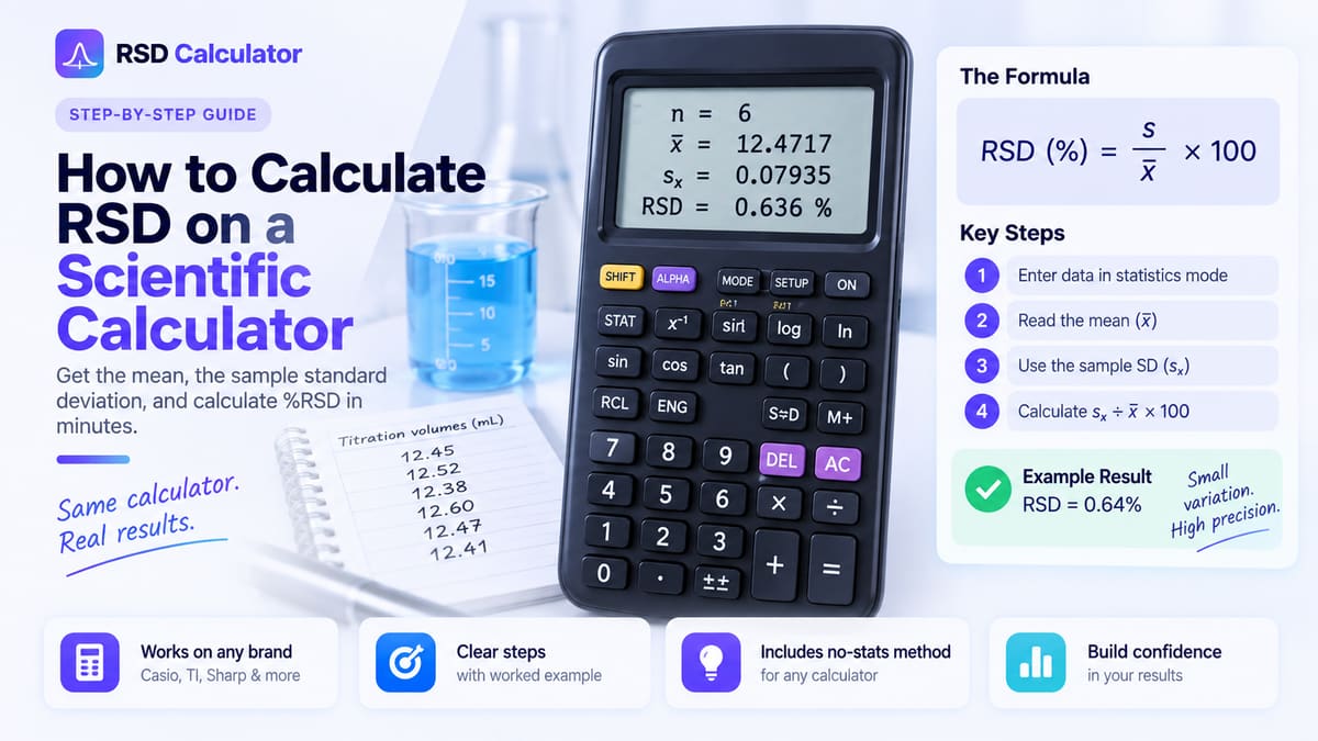 Scientific calculator showing n = 6, mean 12.4717, sx 0.07935 and RSD 0.636% for six titration volumes, next to the RSD formula and four key steps