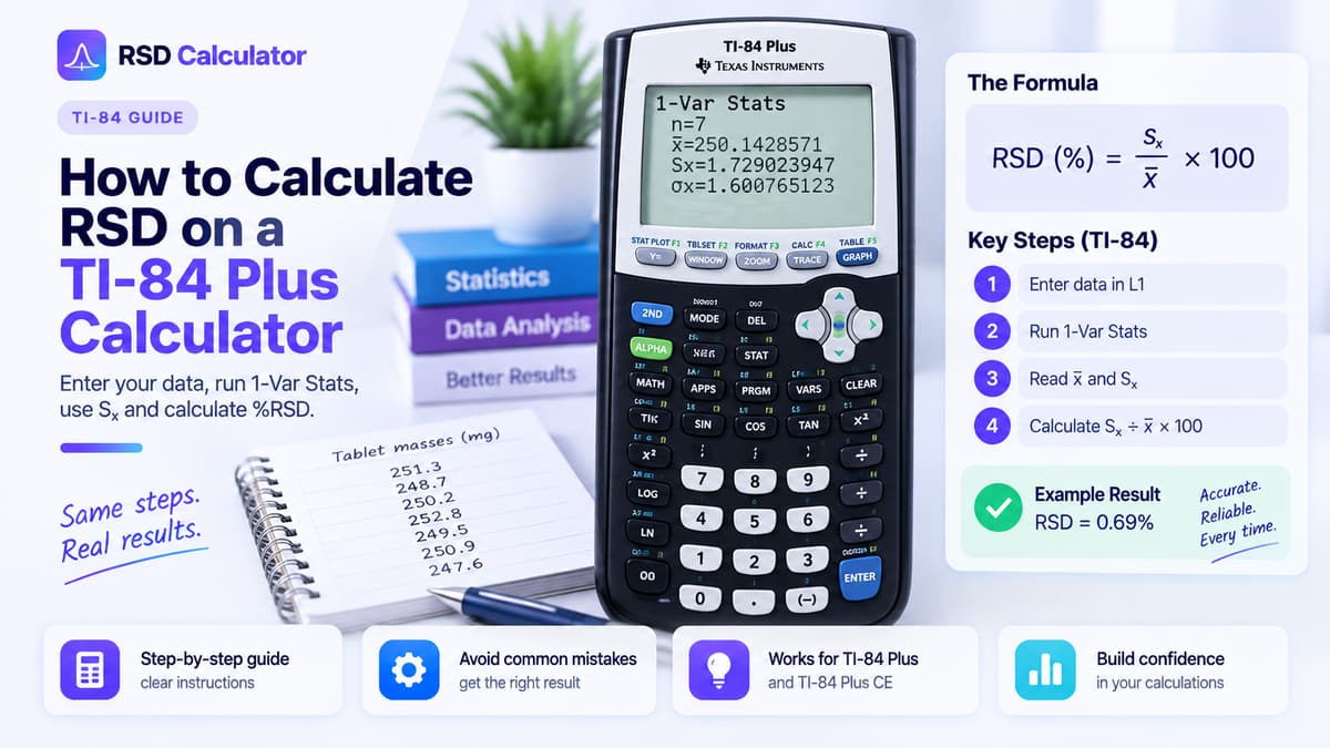 TI-84 Plus calculator showing 1-Var Stats output for seven tablet masses, beside the RSD formula and four key steps