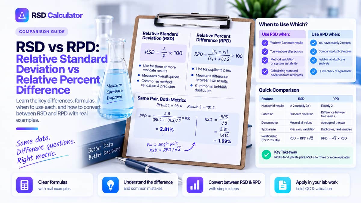 Clipboard comparing the RSD and RPD formulas, with one duplicate pair worked both ways and a table of when to use each